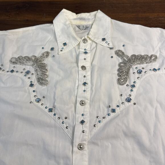 Vintage Freego Womens Small White Western Beaded Shirt Button Down Long Sleeve - Picture 2 of 5